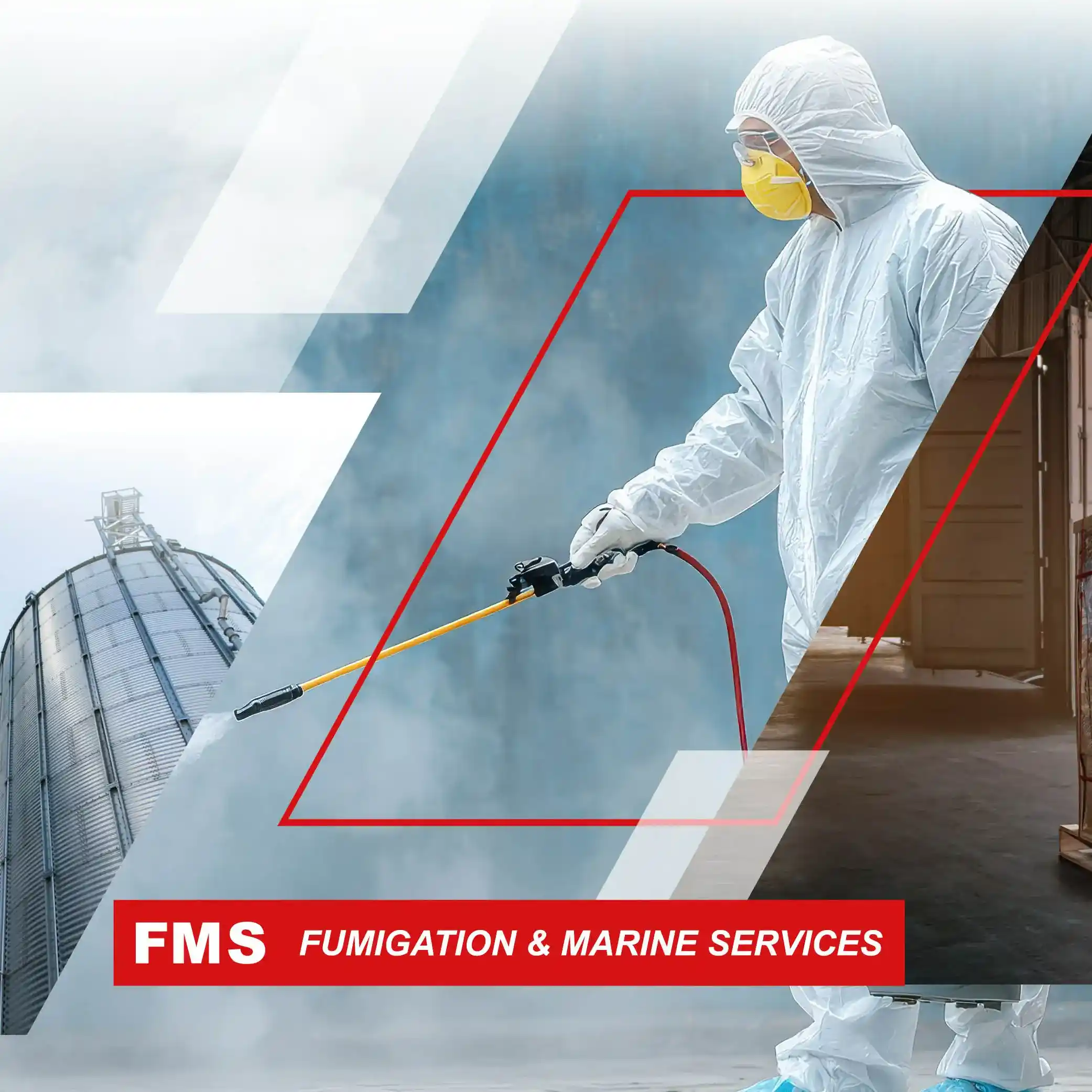 Worker in a white hazmat suit and yellow respirator applying fumigation outdoors; banner reads 'FMS Fumigation & Marine Services' in red letters at bottom.