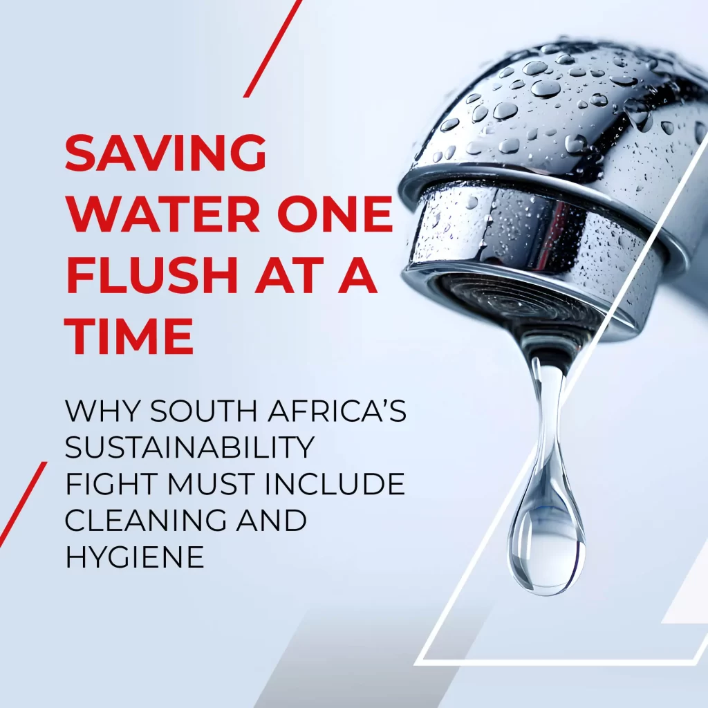 Close-up of a chrome faucet with water droplets, overlaid by bold red headline about saving water one flush at a time (magazine cover).